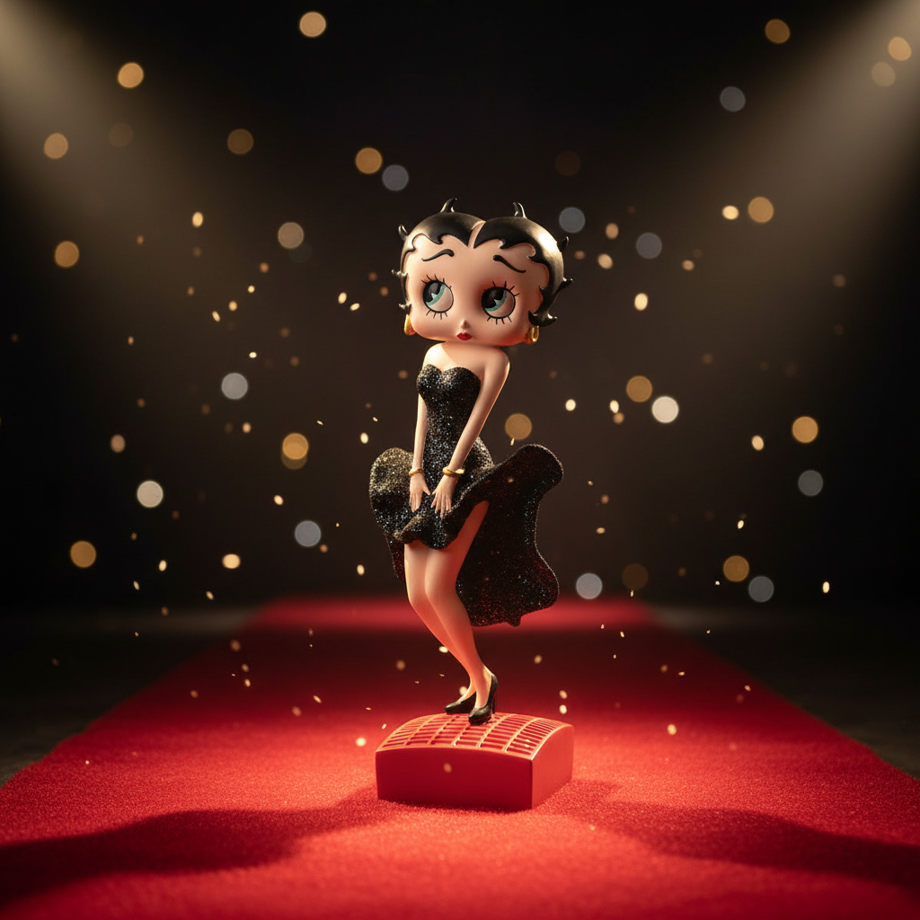 Betty Boop posing in black glitter dress figurine with glamorous dark Hollywood background and golden bokeh lighting