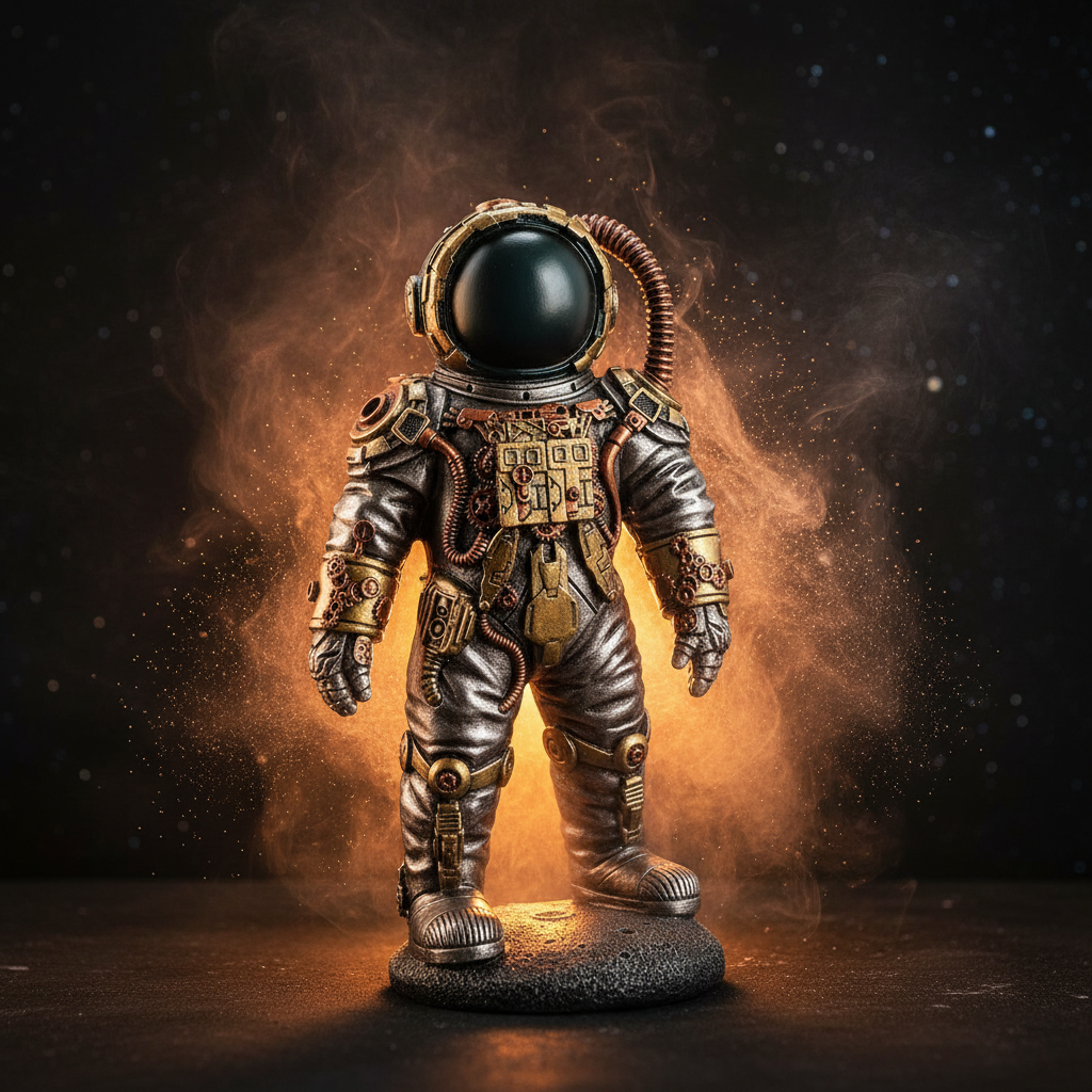 Steampunk astronaut figurine with dramatic atmospheric dark background, amber lighting and cosmic dust