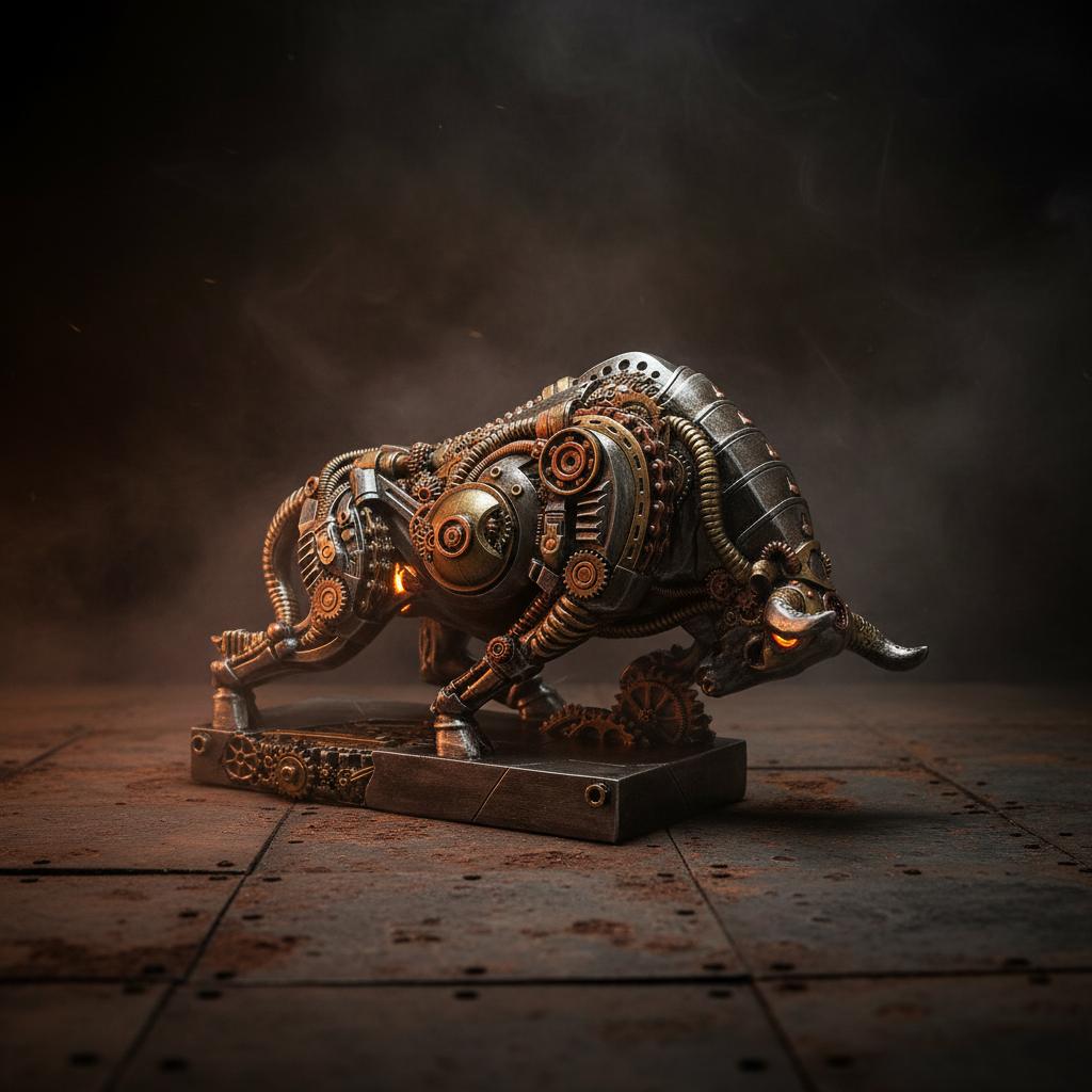 Steampunk bull figurine with dramatic atmospheric dark background, amber lighting and industrial metal floor