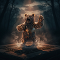 Steampunk bear figurine with dramatic atmospheric dark background, amber lighting and forest shadows