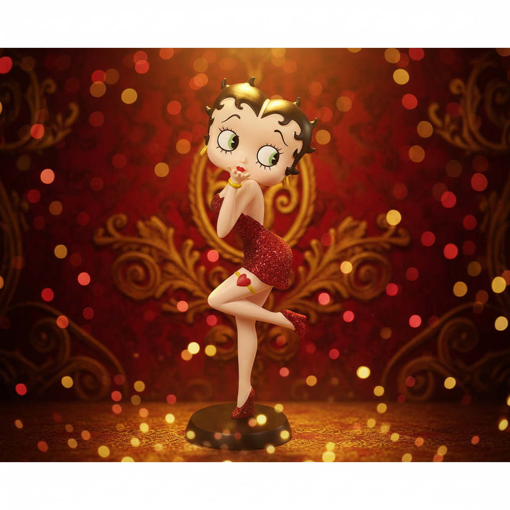 Betty Boop blowing a kiss in red glitter dress on deep red and gold glamorous Hollywood background with sparkling bokeh