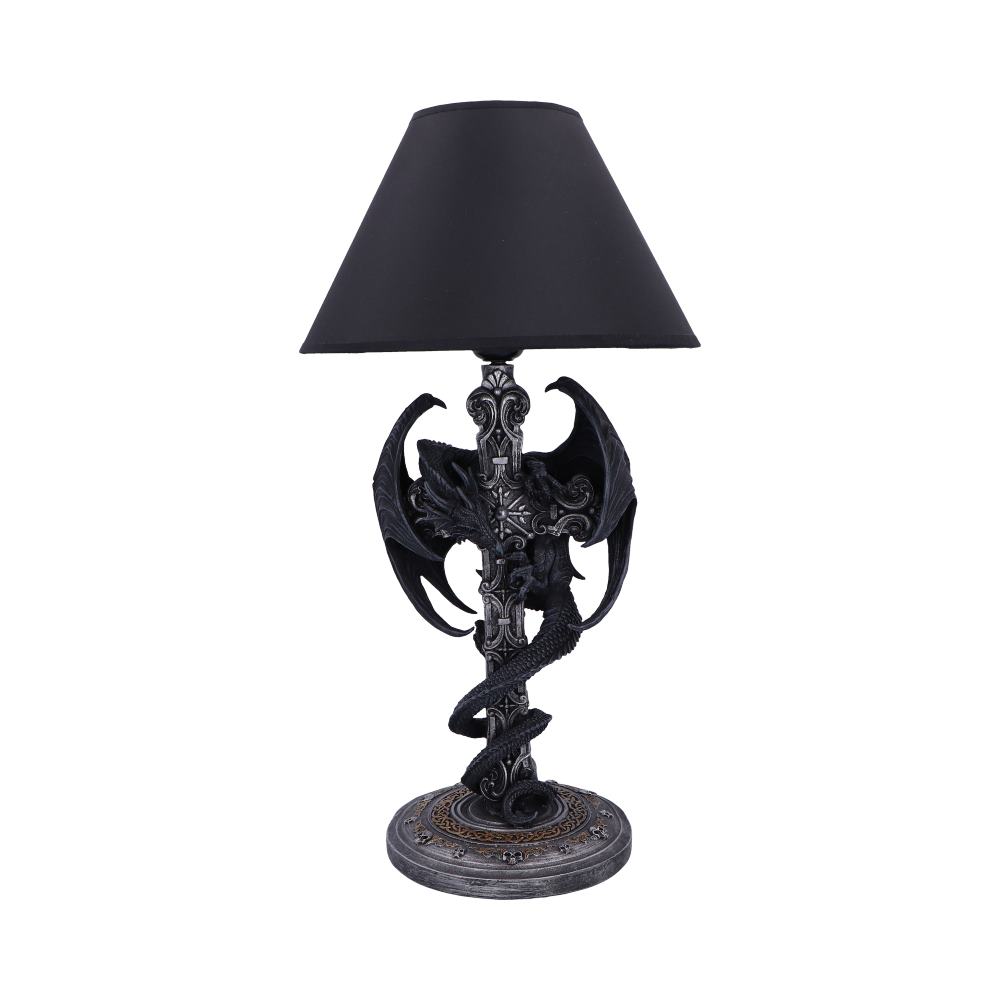 Decorative table lamp with black dragon design and black shade on a white background-Mystic-cave