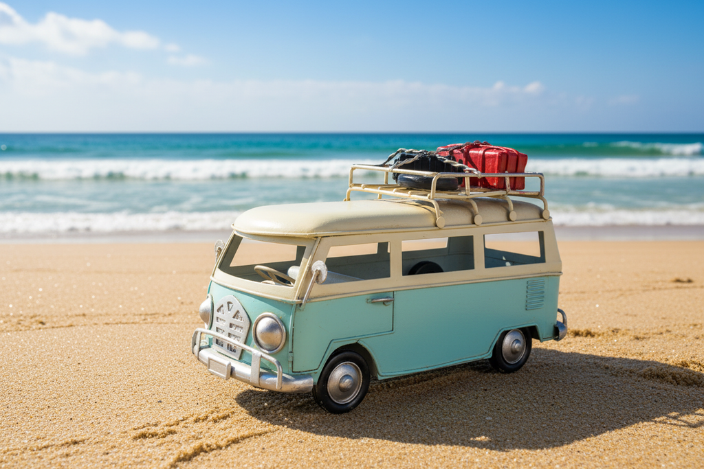 Light Blue Camper Van Beach Scene-Mystic-Cave
