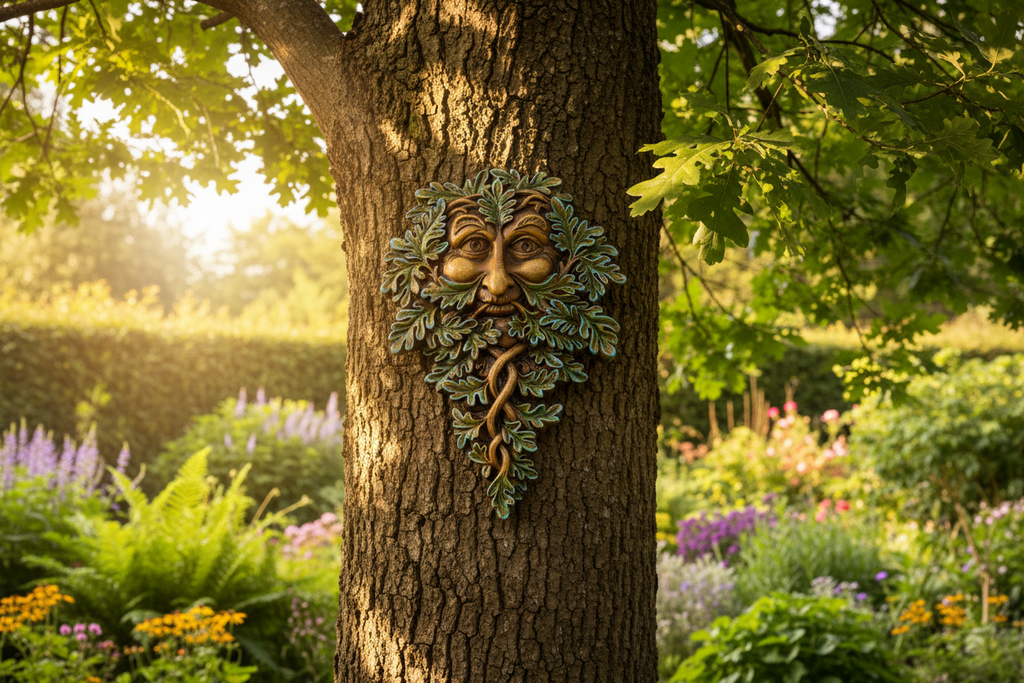 Oak Guardian Tree Spirit Wall Plaque on a sunny garden tree mystic-cave