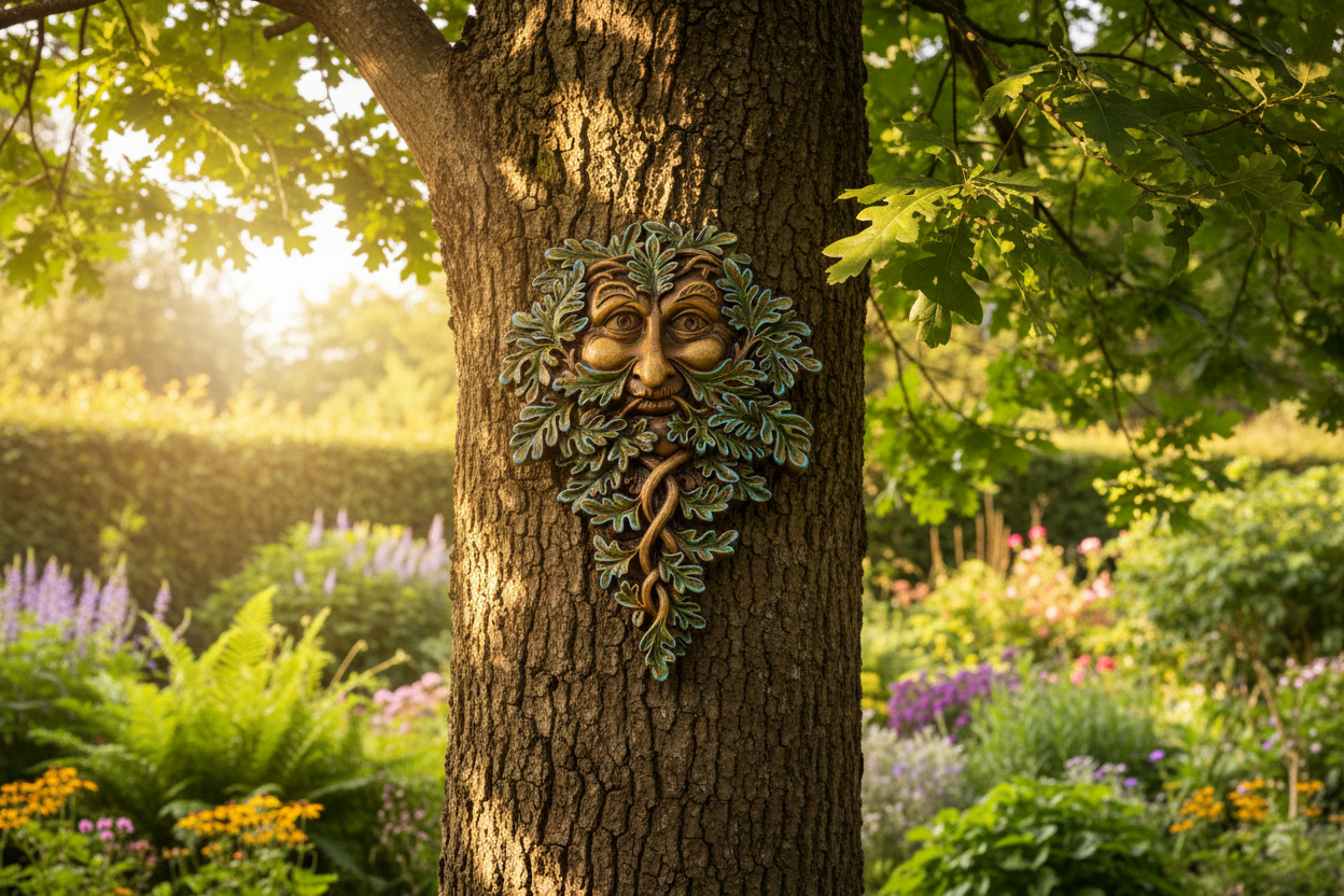 Oak Guardian Tree Spirit Wall Plaque on a sunny garden tree mystic-cave