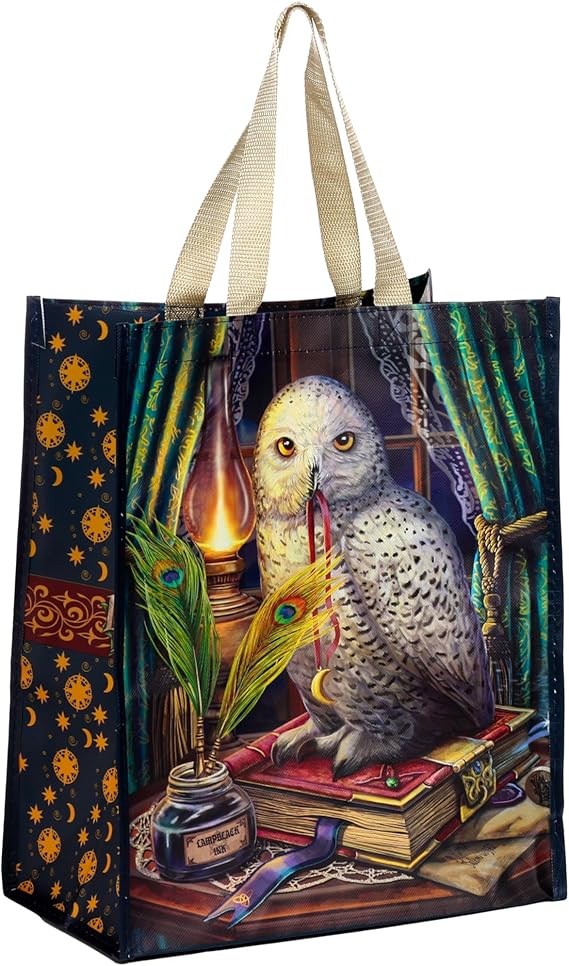 Tote bag with an owl and magical design featuring books, a lamp, and peacock feather.-Mystic-Cave