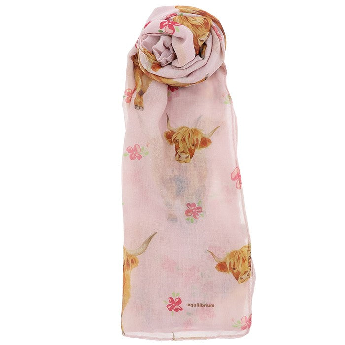 Scarf with highland cow and floral design on a light pink background