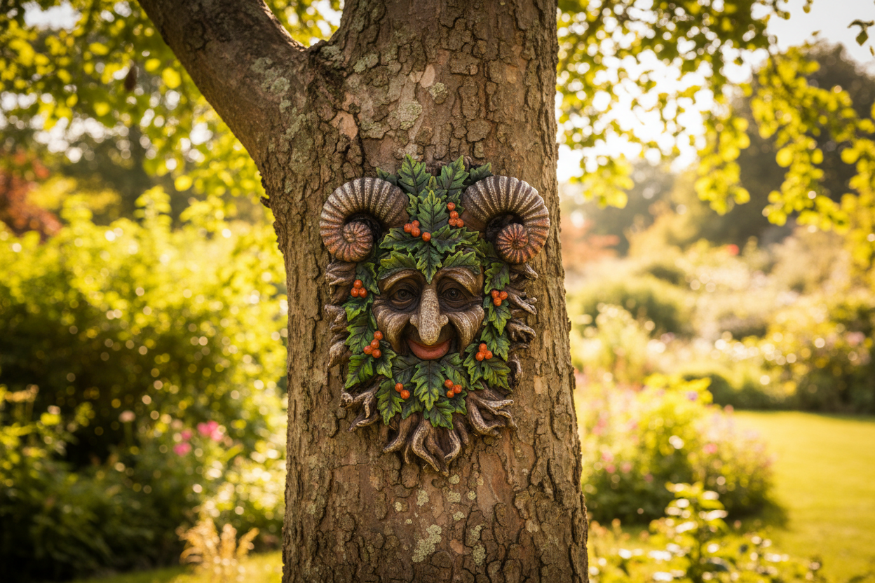 Rawan Wall Mounted Tree Spirit on a sunny garden tree mystic-cave 