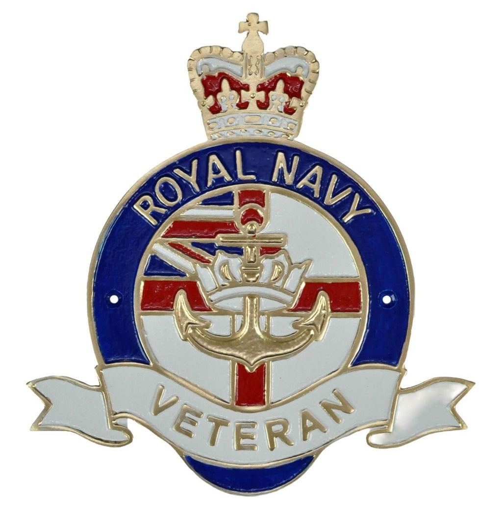 A Royal Navy Veteran badge with a gold-plated metal border, featuring a blue and white enamel background, a Union Jack, an anchor, a crown, and a white banner reading 'VETERAN'.
