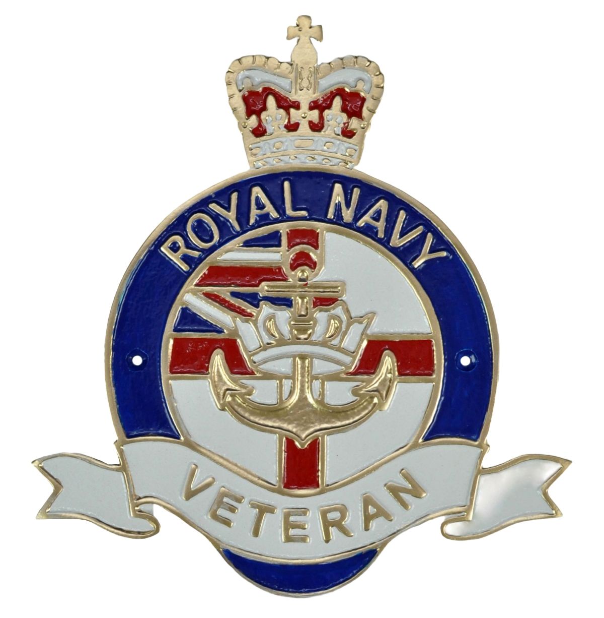 A Royal Navy Veteran badge with a gold-plated metal border, featuring a blue and white enamel background, a Union Jack, an anchor, a crown, and a white banner reading 'VETERAN'.
