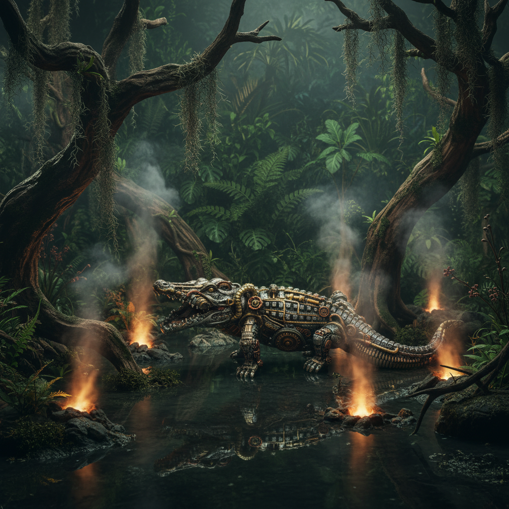 Steampunk Crocodile swamp background-Mystic-Cave