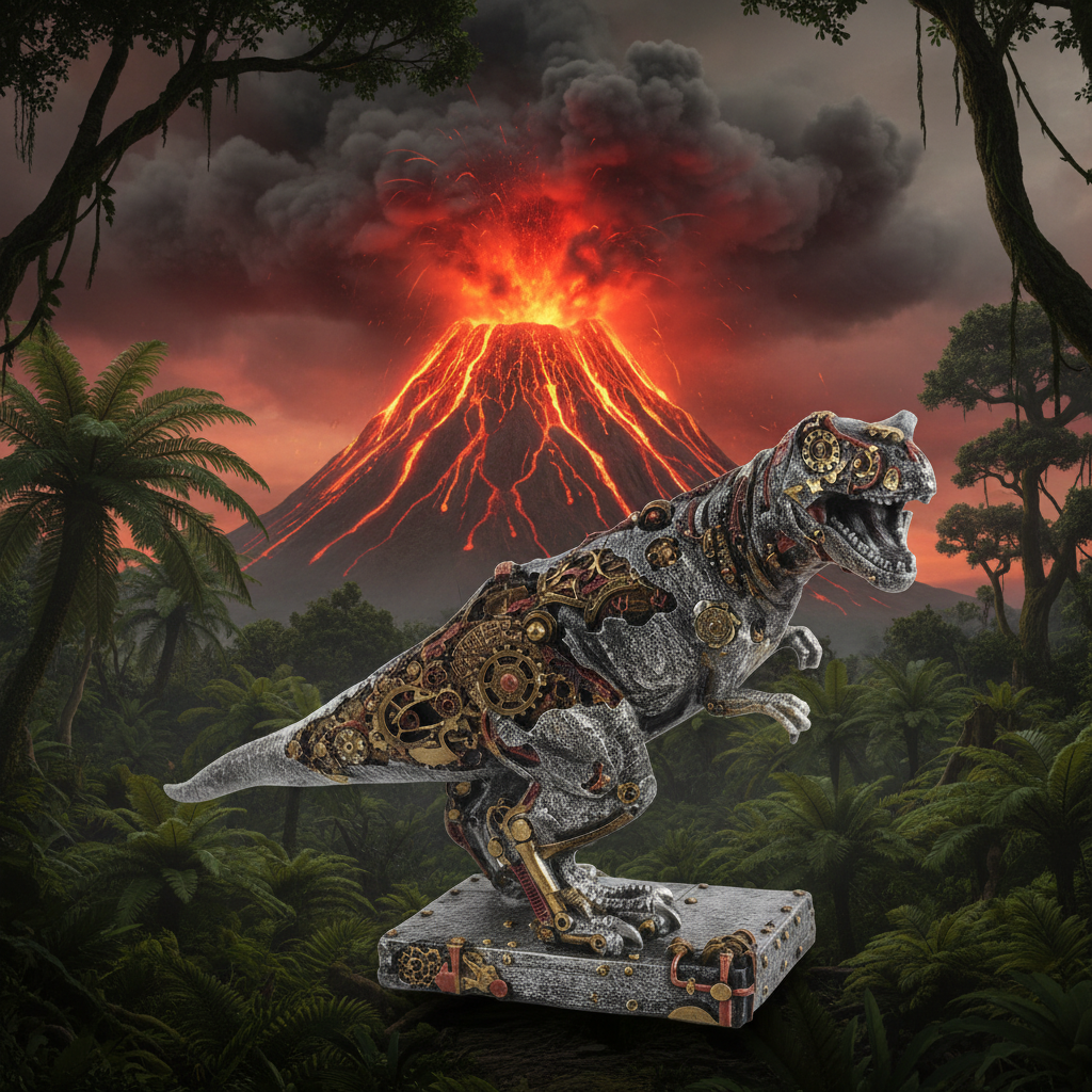 Steampunk Dinosaur Jurassic volcanic background-Mystic-Cave