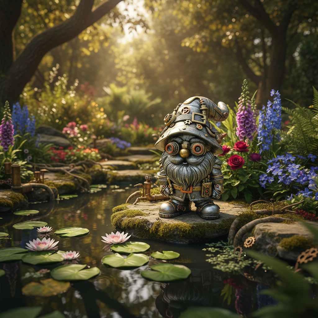 Steampunk Gnome garden pond background-Mystic-Cave