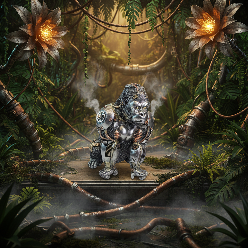 Steampunk Gorilla metal jungle background-Mystic-Cave
