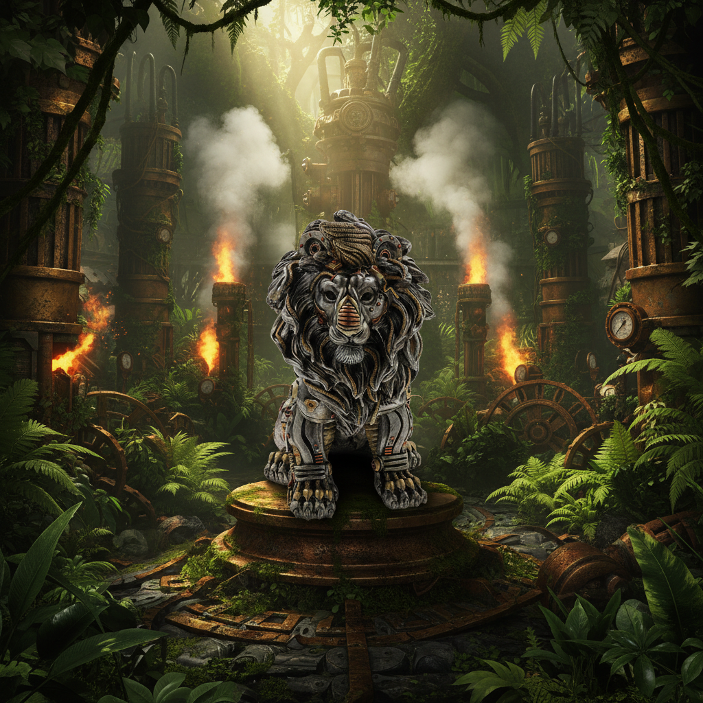 Steampunk Lion jungle background-Mystic-Cave