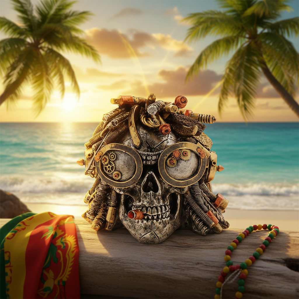 Steampunk Rasta Skull Jamaican background-Mystic-Cave