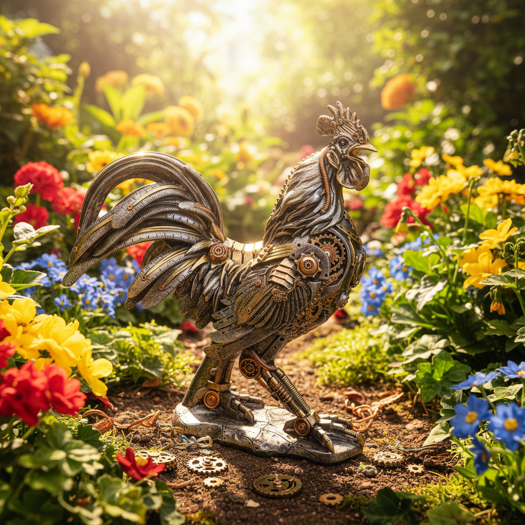Steampunk Rooster - Garden Background