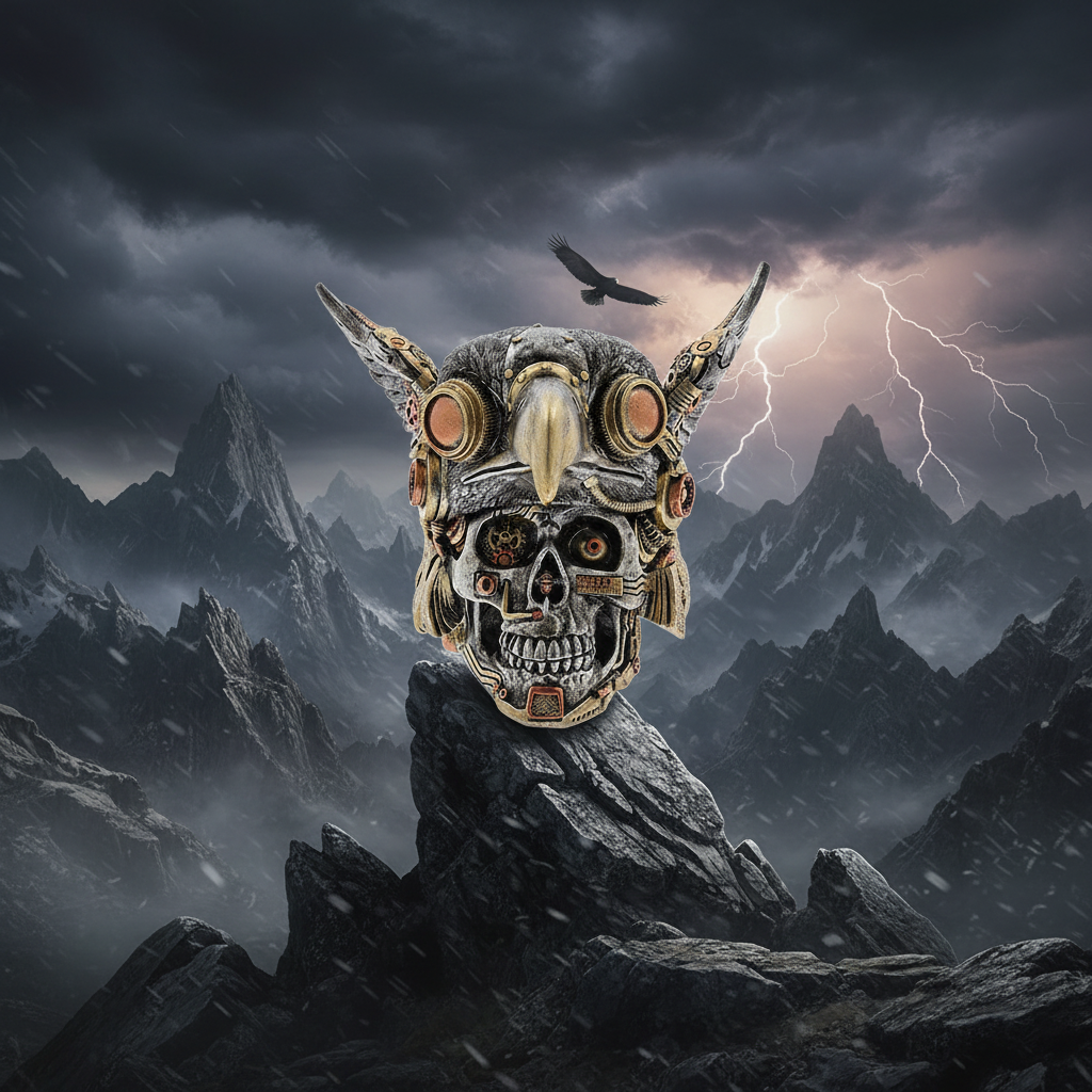 Steampunk Skull With Eagle Hat dramatic background-Mystic-Cave