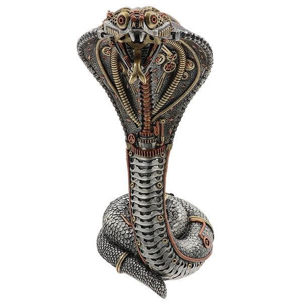 Decorative sculpture of a cobra with mechanical elements on a white background-Mystic-Cave