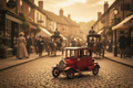 Vintage Red Car Edwardian Village Scene-Mystic-Cave