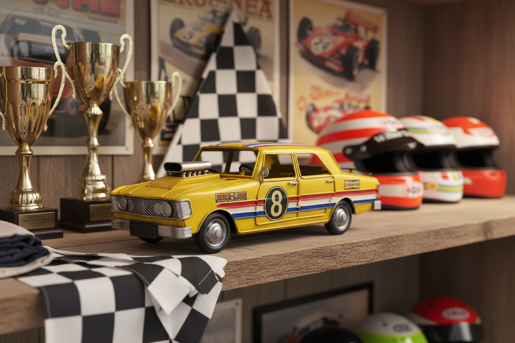 Yellow Racing Car Man Cave Shelf Scene-Mystic-Cave